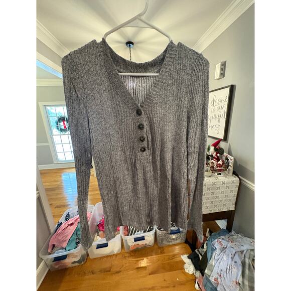 LOFT Women’s Small Gray Ribbed Henley Sweater Long Sleeve Soft Knit Top - Picture 2 of 4